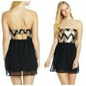 My Michelle Black Gold Sequence Strapless Mini Dress Juniors Size 9 NWOT